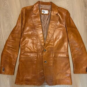 Vintage 1970s Silton Leather Jacket Cognac Tan Brown 40 Long Wide Lapel Collar
